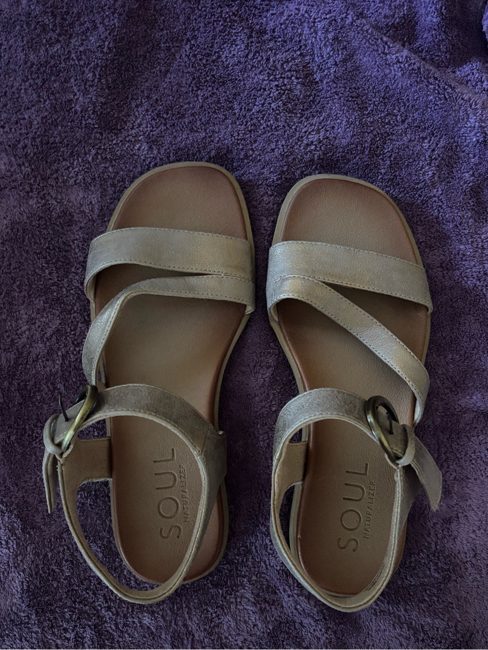 SOUL Naturalizer Metallic Taupe Cross-Strap Women's Sandals